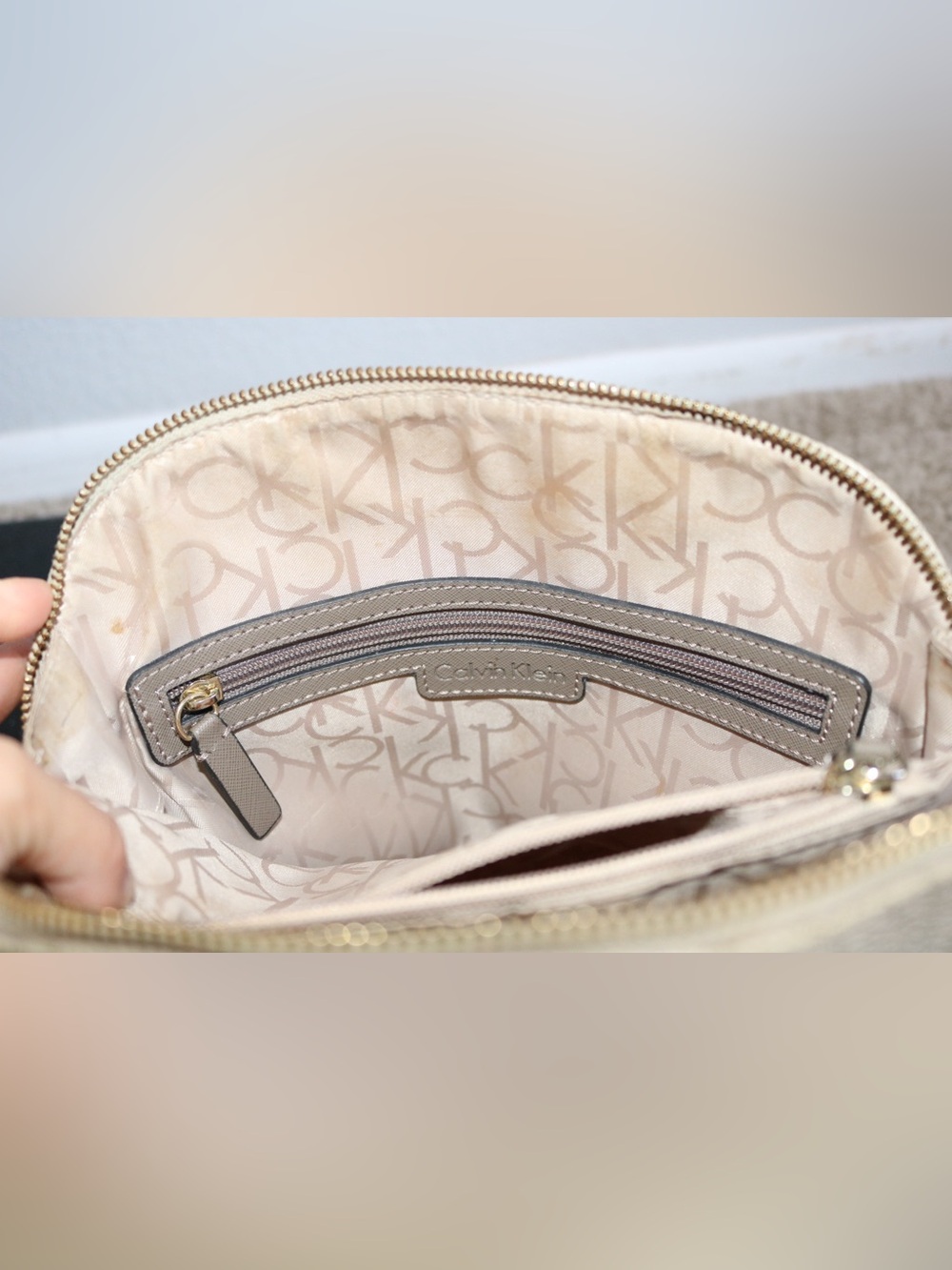 Calvin Klein Monogram Dome Satchel Crossbody Purse - Beige Taupe - Picture 11 of 16